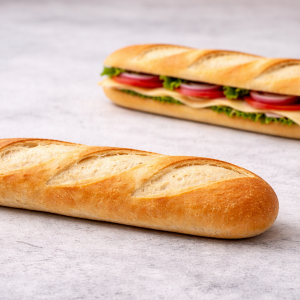 Two baguettes on a light gray surface, one plain in front and a sandwich baguette with lettuce, tomato, and cheese in the background.