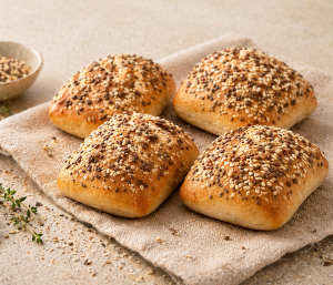 Four golden buns topped with sesame seeds on a beige cloth surface under soft light.