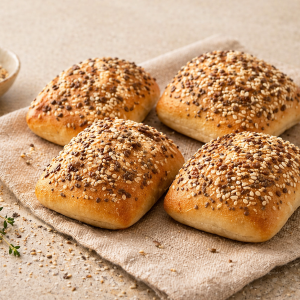 Four golden buns topped with sesame seeds on a beige cloth surface under soft light.