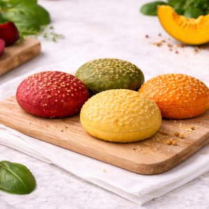Four sesame-covered burger buns in red, green, yellow, and orange on a wooden board.