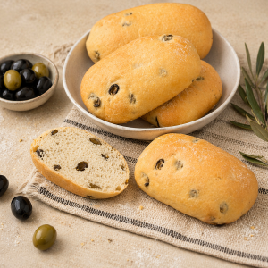 Olive‑bread rolls in a ceramic bowl with a sliced piece showing olives, plus a small bowl of black and green olives on a rustic table.