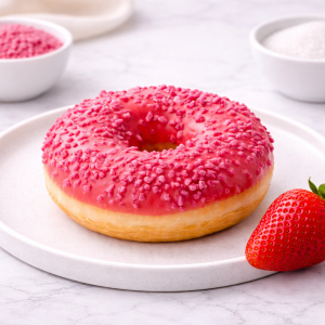 Pink glazed donut with pink sprinkles on a white plate, with a strawberry beside it.