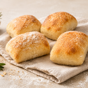 Four golden-brown bread rolls with light flour dusting on a linen cloth, with a sprig of rosemary in the background.