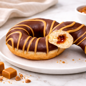 Chocolate-glazed donut with caramel drizzle on a white plate; bite reveals caramel filling inside the ring.